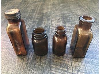 Lot Of Four Amber Brown Small Antique Bottles