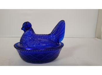 Antique Westmoreland Cobalt Blue Glass Chicken / Hens On A Nest -  Lidded Bowl