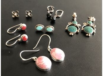 Lot Of Six Pairs Of Sterling Silver Earrings With Polished Precious Stones