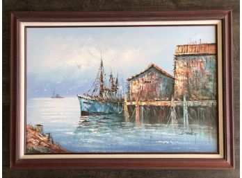 Beautiful Large Framed Oil On Canvas Dockside Seascape 42 Inch By 30 Inch Painting