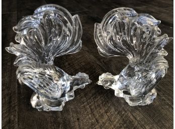 Beautiful Rooster Chicken Hen Cut Glass Bookend Sculptures