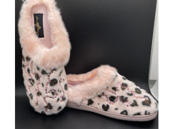 Joan Boyce Faux Leopard Pink Fur Slippers