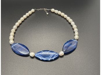 Blue Agate And Freshwater Pearl Sterling Silver Necklace