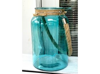 10 Aquamarine Glass Jar With Rope Handle