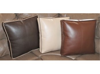 Three Large Square Faux Leather Accent Cushions - Beige & Browns