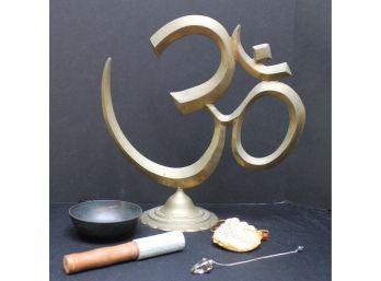 Brass Tabletop OM Tibetan Symbol, Brass Singing Bowl & Crystal & Stone Pendulum New Age