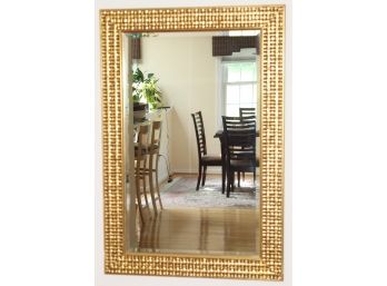 Stunning Carved Wood Basket Weave Design Beveled Edge Gold Painted Heavy Wall Mirror