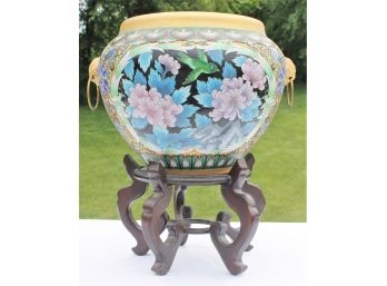 Beautiful Vintage Cloisonne Palace Fish Bowl With 24K Gold Overlay On Wood Stand