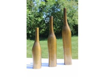 Trio Of Brass Finish Metal Bottle Shaped Vases From Interlude International - Made In India