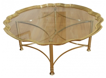 Pretty Brass Scalloped Edge Round Glass Topped Cocktail Table