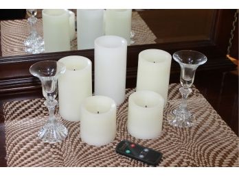 Battery Operated CW UK Flameless Pillar Candles & Pair Of Crystal Taper Candleholders