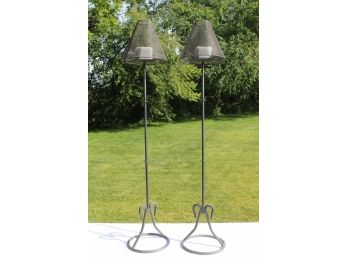 Pair Of Wrought Iron Tall Pillar Candle Holders With Mesh Shades