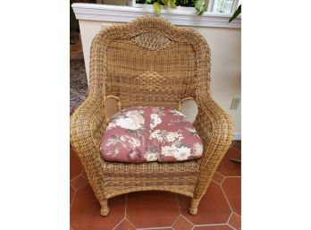 Handsome Indoor Outdoor Faux Wicker Arm Chair With Floral Cushion