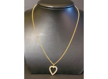 Ladies 750 18K Yellow Gold Chain With Plated Rhinestone Heart Shaped Pendant