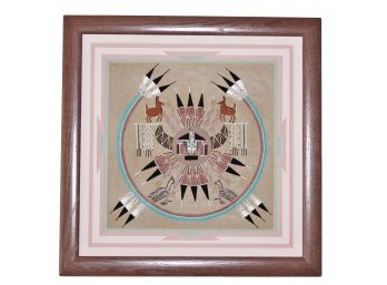 Vintage Navajo American Indian Handmade Framed Signed Sand Painting Sun Shield & Animals With COA