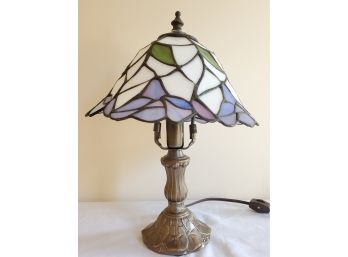 Pretty Leaded Stained Glass Small Table Lamp With Bronze Finish Cast Handley Base