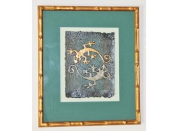 Signed Painted Embossed Leather Salamanders In Faux Bamboo Gold Wood Frame