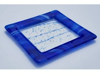 Beautiful Kiln Fired Cobalt Blue & Clear Square Dish From Tasmania By Margaret Godfrey