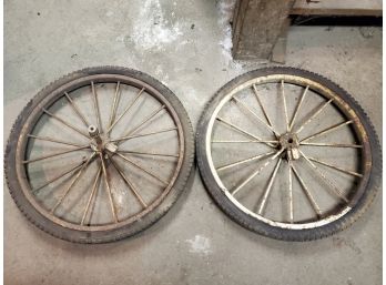 Great Pair Of Antique Truck Or Tractor Cast Iron Spoked Wheels With Hard Rubber Tires