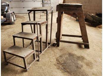 Two Vintage Wood & Metal Rolling Workshop Automotive Truck Repair Stairs With Platforms