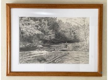 A Signed Fly Fishing Themed Pencil Sketch By Peter Corbin