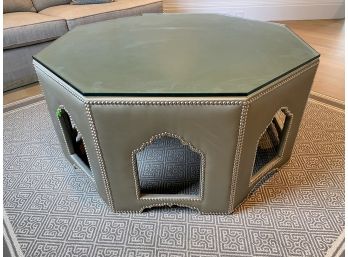 Silver Faux Leather  Octagonal Coffee Table With Glass Top