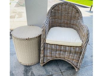 Outdoor Wicker Chair And Greek Key Drum Table