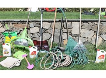 Yard Tool Lot With Shovels, Racks, Garden Hoses, Tarp & Other Garden Items