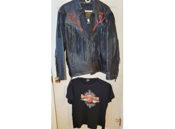 Awesome Ladies Black & Red Rose Fringed Leather Biker Jacket Size L & Ladies Davidson XL T Shirt