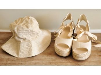 Pair Of Ladies Soludos Size 11 Cream Canvas Espadrille Wedge Sandals & Hat Attack New York Sun Fishing Sun Hat