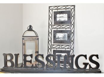 Home Decor Grouping - Wall Frames, Battery Operated Candle Lantern & Wood Blessings Sign