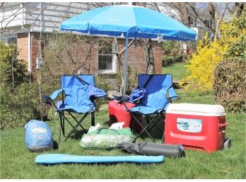 Outdoor And Camping Lot With Chairs, Umbrella, Cooler, Sleeping Bag's & Two Tents