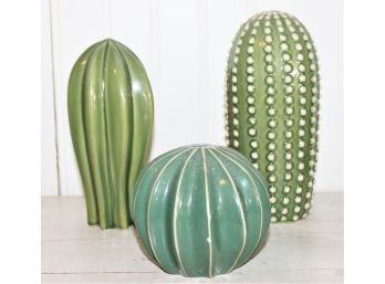 Three Green Glazed Pottery Decorative Cactus Plant Figurines