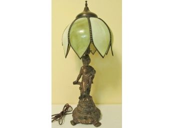 Mid Century Modern Cast Spelter Figural Lamp With Slag Glass Shade