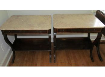 Pair Of Marble Top Mahogany Lyre Shaped End Tables With Banded Inlay