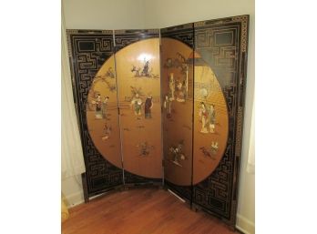 Beautiful 2-D Lacquered Wood Privacy Screen With Raised Asian Details