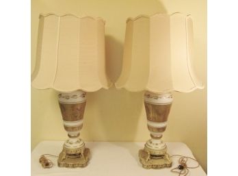 Pair Of Mid Century Modern Guilt Frosted Glass Lamps With Tin Cherub Bases