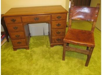 Classic  Vintage Maple Kneehole Desk And Leather Seat Chair