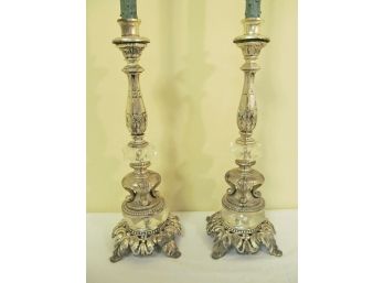 Vintage Pair Of Cast Metal And Lucite Mid Century Candlesticks With Wooden Candles