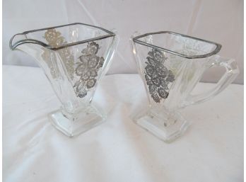 Art Deco Sugar And Creamer - Silver Embossed Glass