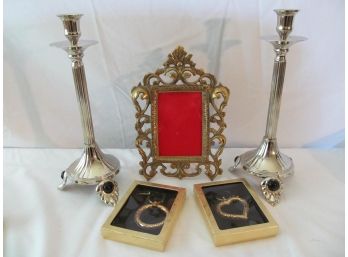 Vintage Heavy Brass Frame And Chrome Plated Candlesticks Lot