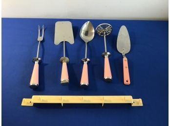 Mid Century Pink Serving Utencils And Holder