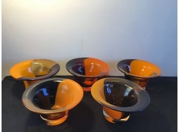 Mid Century Orange And Brown Blown Glass Bowls