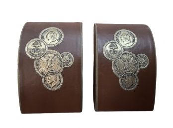 Vintage Mid Century Coin Design Leather Bookends