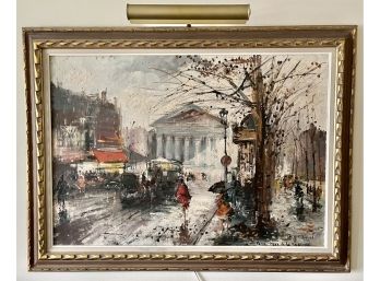 Rene Chanel( French, 20th Century ) Place De La Madeleine Oil On Canvas, Signed