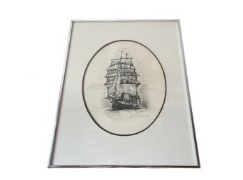 Framed & Matted Ship Drawing, Signed