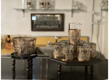 Mid Century Old World Map 22K Gold Printed Old Fashioned Glasses- Set Of 6,ice Bucket & Mixing Glass By Cera