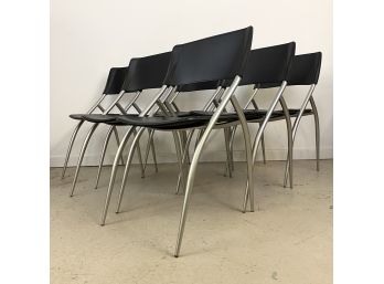 Set Of 6 Calligaris Black Leather Dining Chairs