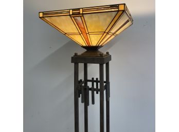 Metal Mission Style Floor Lamp With Stained Glass Shade