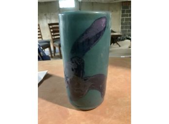 Gorgeous Deep Aqua Signed Ceramic Cylinder Vase